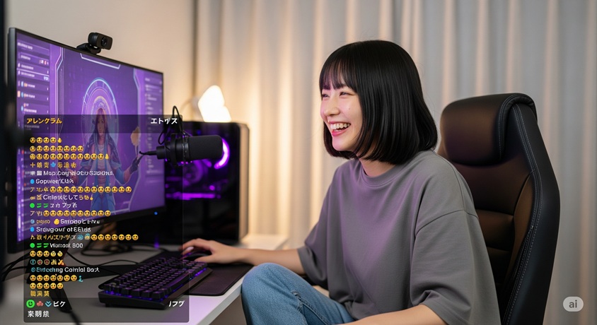 自室で楽しそうにゲーム配信をする日本人女性と応援コメントが流れるチャット画面