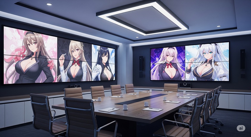 企業の会議室に設置された大型スクリーンに映し出された複数のセクシーな女性アニメキャラクター