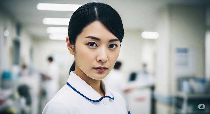 真剣な表情でカメラを見つめる日本の女性看護師のポートレート。
