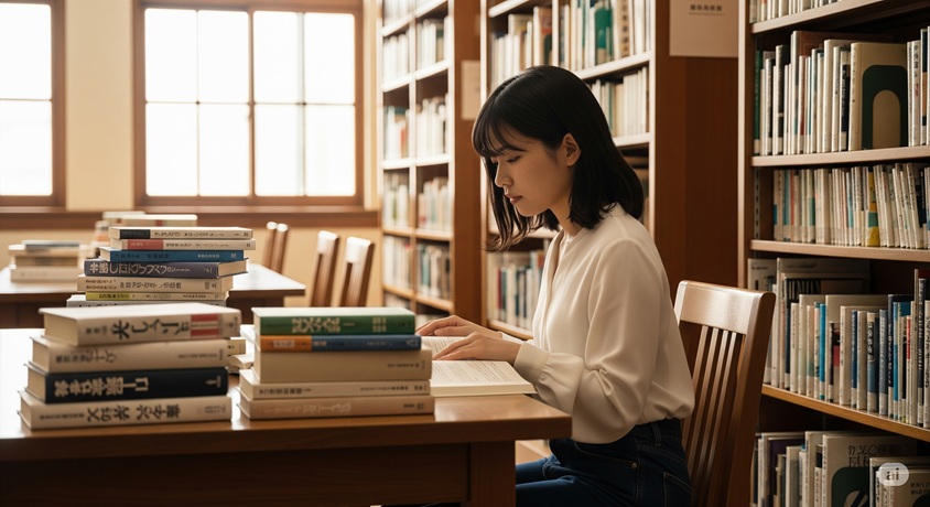 図書館で本を読みながら勉強する日本の若い女性。