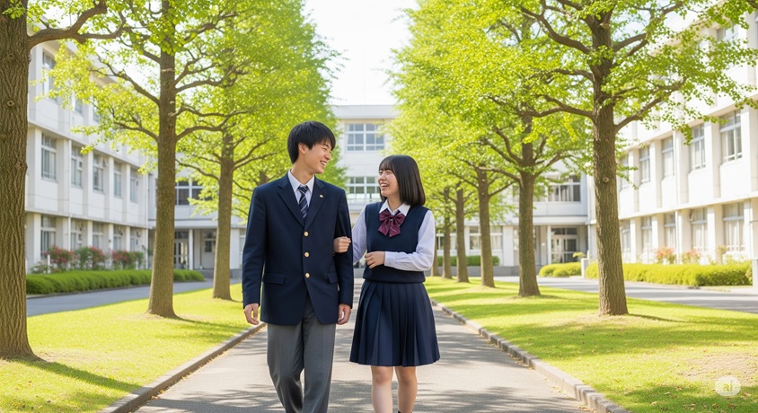 緑豊かな学校の敷地で談笑しながら歩く日本の男女高校生。