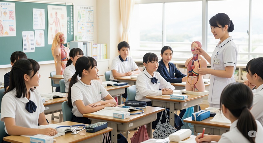 看護実習室で人体模型を使って生徒に指導する日本の女性看護師。
