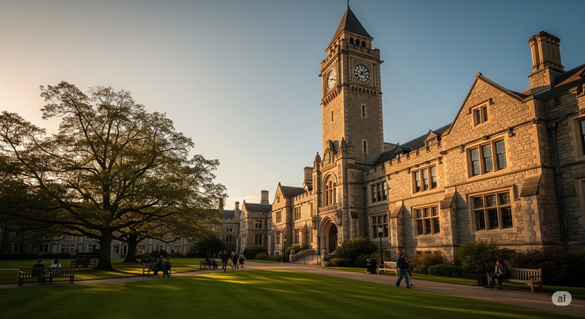 歴史ある大学のキャンパスと時計台。