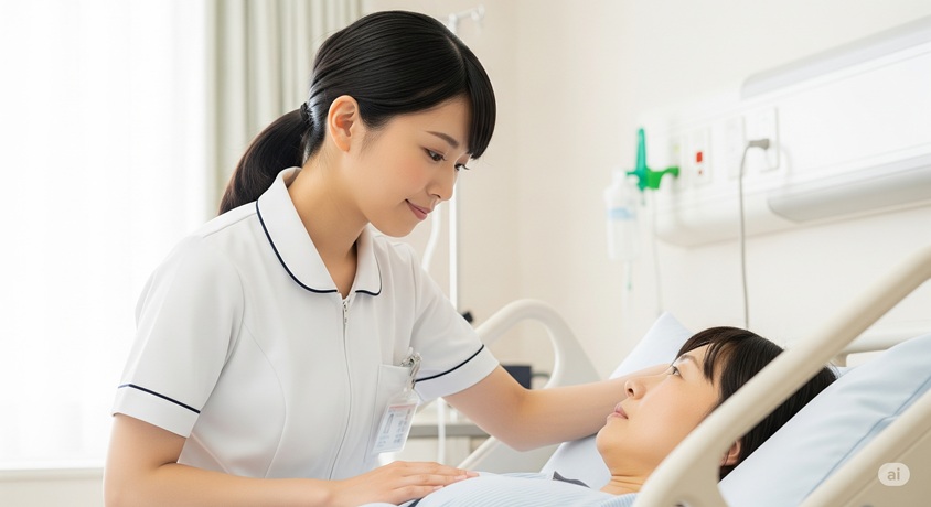 病室で患者に優しく寄り添う日本の女性看護師。