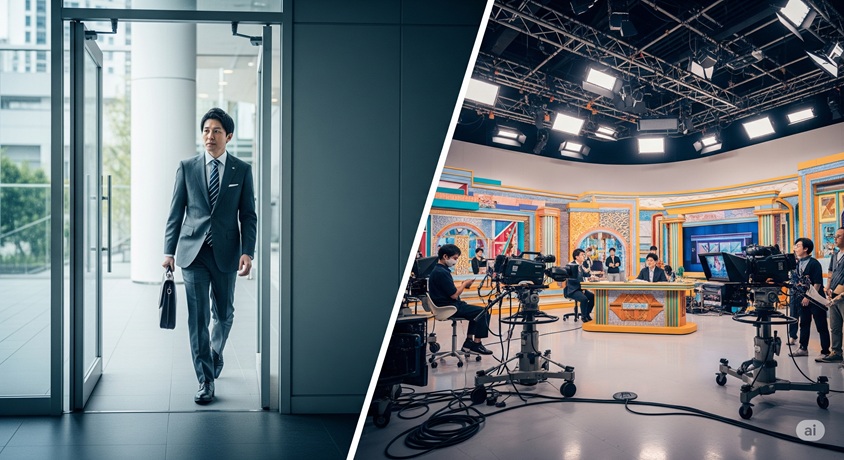 ビジネスマンがオフィスからテレビスタジオへとキャリアを転換する様子。