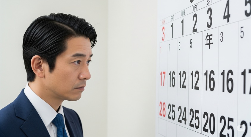 カレンダーを見つめる日本人男性の横顔。