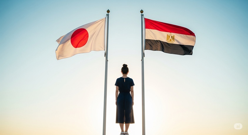 日本国旗とエジプト国旗の間に立つ日本人女性の後ろ姿。