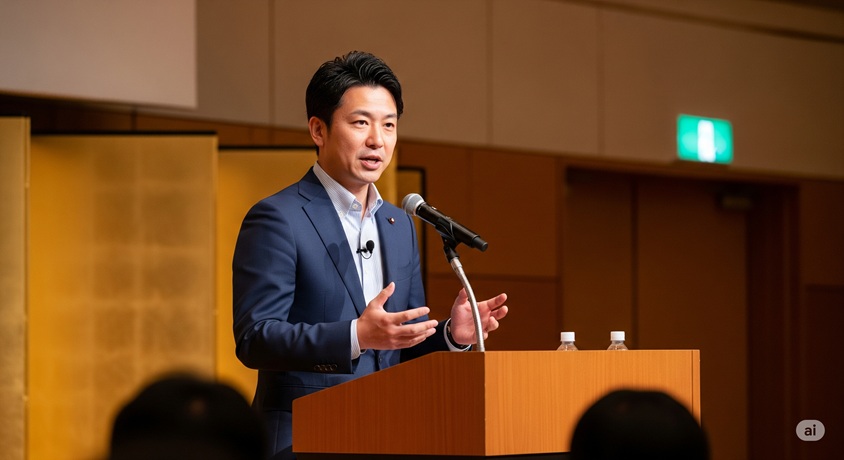 講演会で熱心に話す日本人男性コメンテーター。