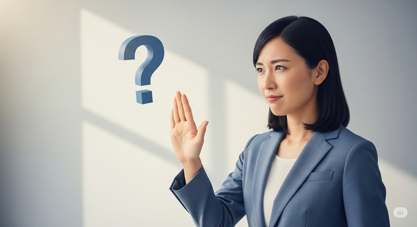 疑問符に向かって手を広げ、否定の意思を示す日本人女性。