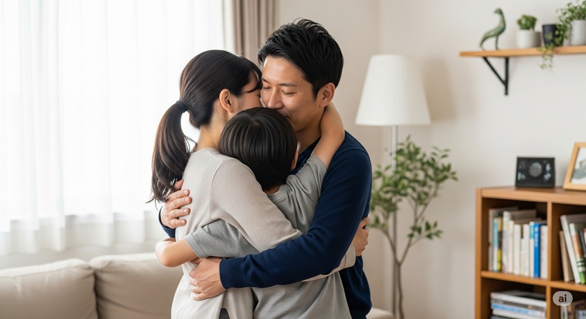 リビングで抱き合う日本人家族(両親と息子)。