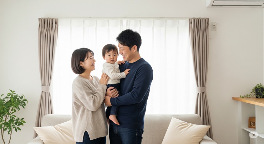 リビングで子どもを抱き、笑顔を見せ合う日本人夫婦。