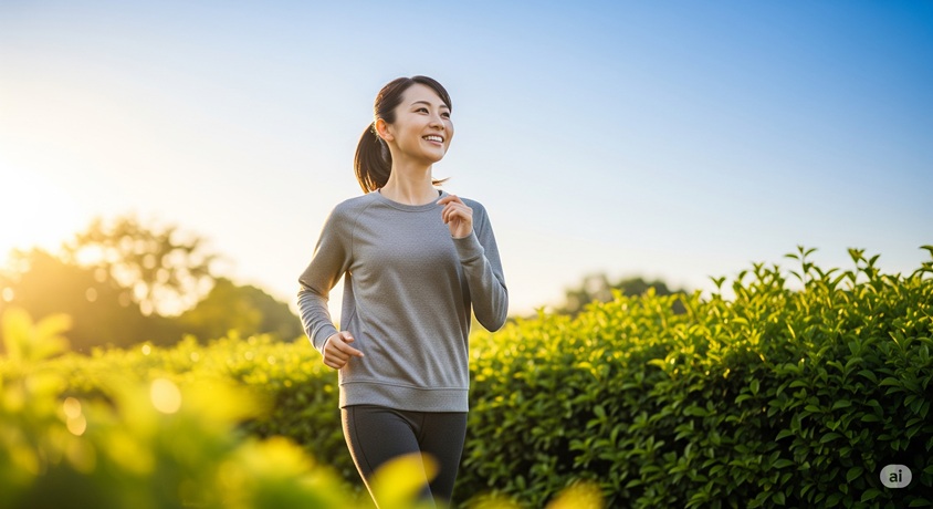 公園でジョギングする健康的な日本人女性。