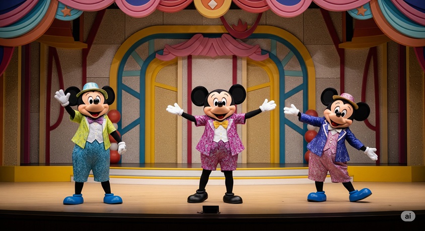 テージ上でポーズを取る、カラフルな衣装を着た3体のミッキーマウスのキャラクター。