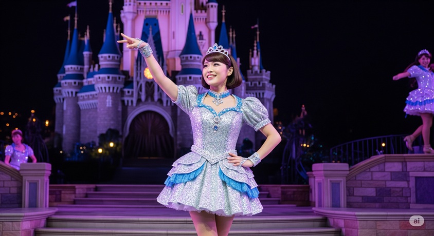 シンデレラ城を背景に、銀色のドレスを着て笑顔でポーズを取る日本人女性ダンサー。