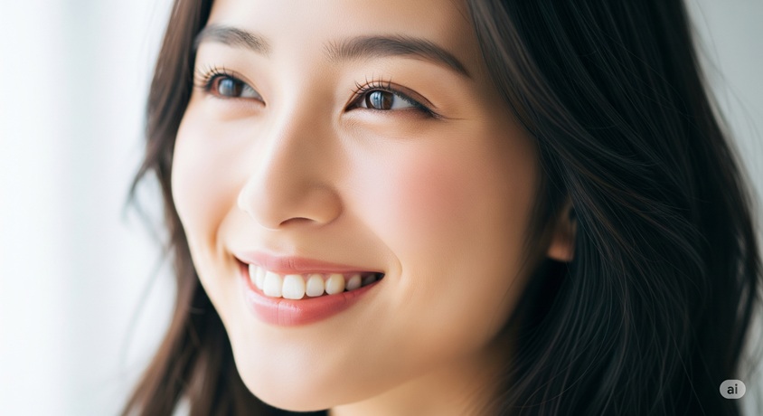 窓からの光を浴びて優しく微笑む、黒髪の若い日本人女性の顔のアップ。