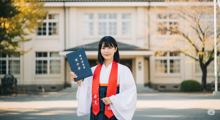 校舎を背景に卒業証書を持ち、袴姿で立つ笑顔の若い日本人女性。