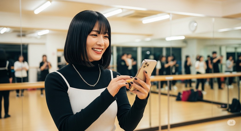 ダンススタジオでスマートフォンを操作し、笑顔を見せる日本人女性ダンサー。背景には練習する人たちの姿。