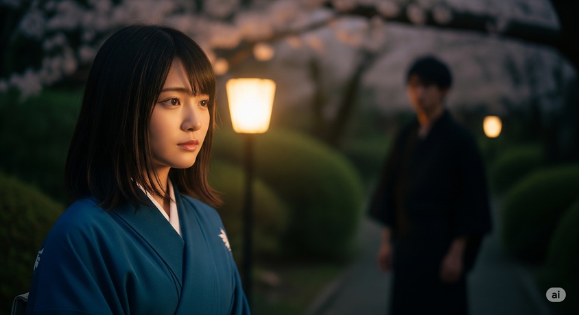 ライトアップされた庭園で、物思いにふける青い着物の日本人女性。奥にはぼやけた男性の後ろ姿。