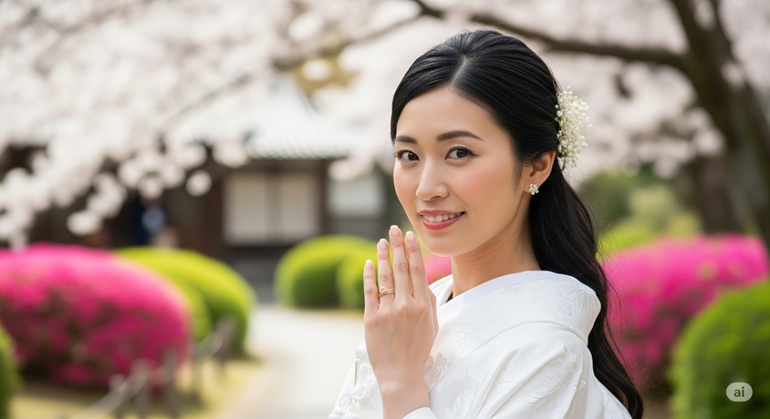 桜の木の下で白い着物を着て立ち、指輪を見せながら微笑む日本人女性。