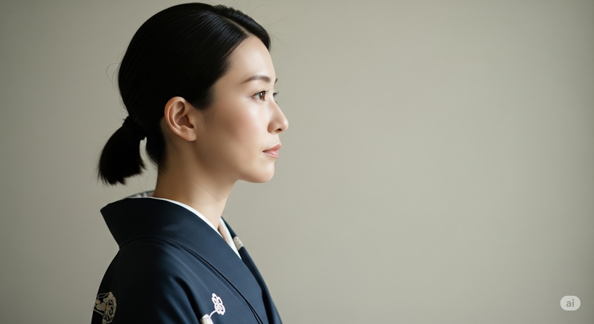 着物を着た女性の横顔が写っています。彼女は落ち着いた表情で、遠くを見つめているようです。