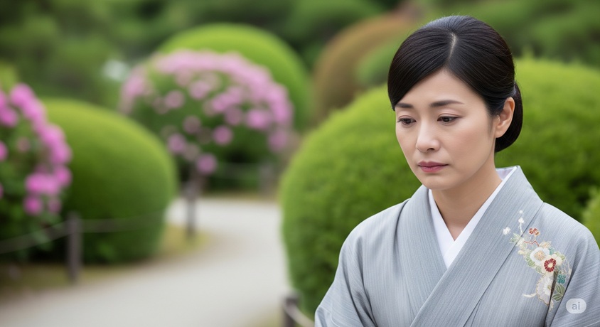 日本庭園を背景に、着物を着た女性が考え込んでいるような表情をしています。手入れの行き届いた庭の様子がわかります。