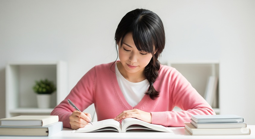 着物を着た女性が優雅な部屋で座ってティーカップを持っています。背景には大きな窓があり、外の景色が見えます。