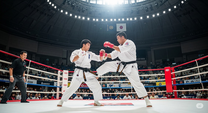 広い会場で空手の試合が行われている場面です。2人の選手が対峙しており、審判員も立っています。