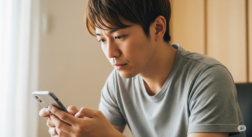スマートフォンを見つめる男性の姿を捉えています。彼は真剣な表情をしており、何かに集中している様子です。