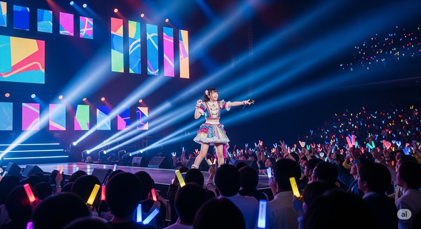 華やかな衣装を着た日本人アイドルが、多くの観客がペンライトを振るステージでパフォーマンスしている。