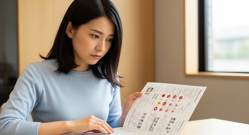 日本人女性がテーブルに置かれた血液型に関する書類を真剣な表情で見ている。