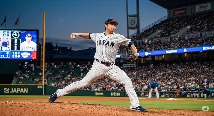 野球の試合中、日本のユニフォームを着たプロ野球選手がマウンドで投球している様子。
