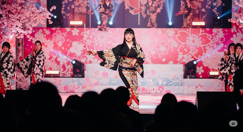 華やかなステージで踊る日本の女性ダンサー。