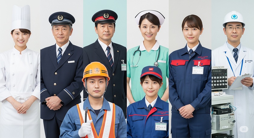 さまざまな職種の制服を着た日本人キャストたち。