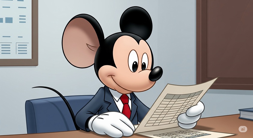 書類をチェックするミッキーマウスのような漫画のキャラクター。