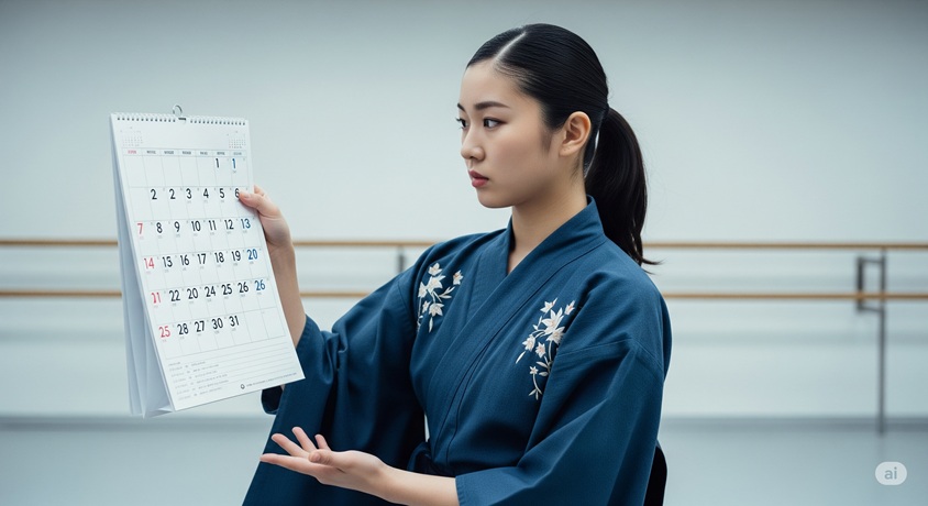 カレンダーを見つめる日本の女性ダンサー。