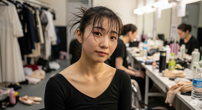 舞台裏で休憩中の日本の女性ダンサー。
