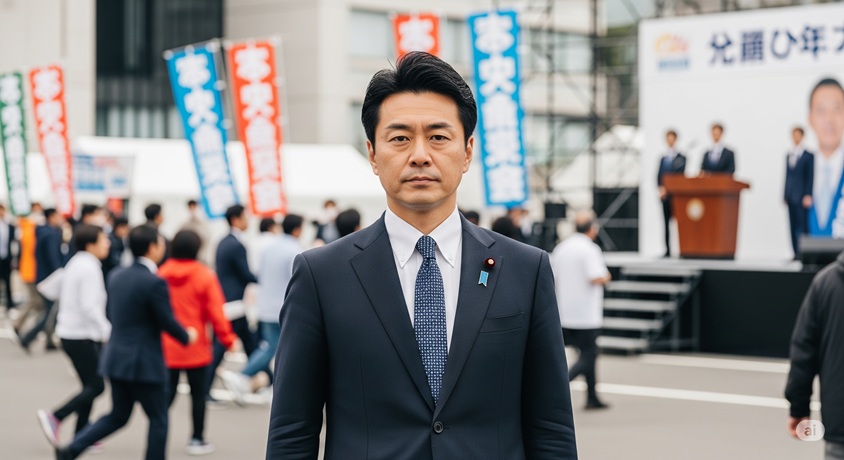 政治家が演説会場で正面を見据えている様子です。