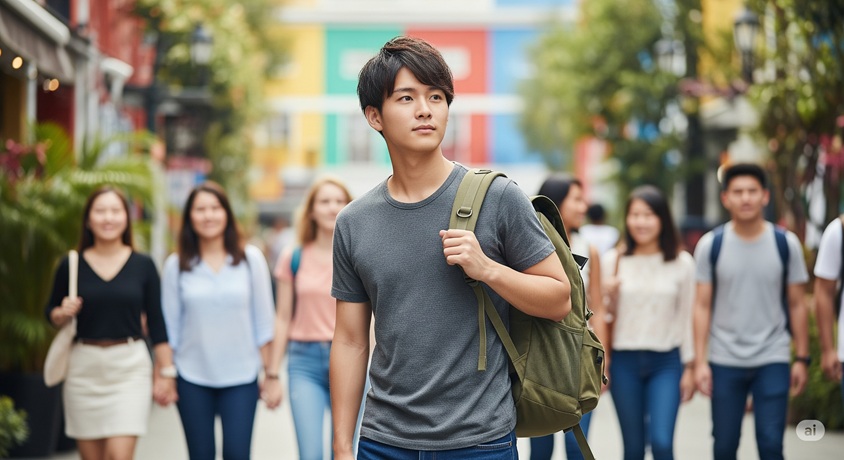 若い男性がバックパックを背負い、海外で多様な人々と共に歩いている様子です。
