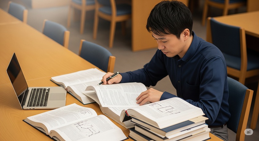 日本人男性が図書館で法律書とパソコンを使って勉強している様子です。