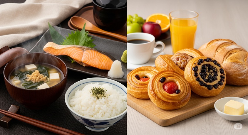 和食(ご飯、魚、味噌汁)と洋食(パン、ペストリー)が対比的に並べられている様子です。