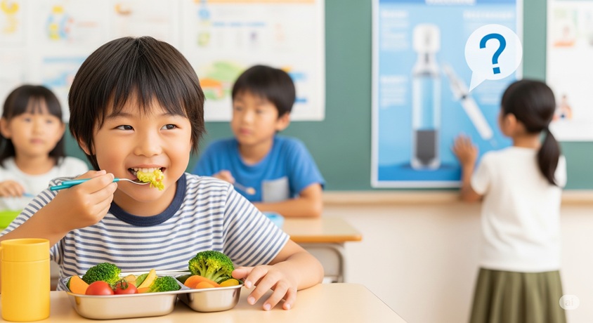 日本の子供がオーガニック給食を食べており、別の子供がワクチンポスターを見ながら疑問を抱いている様子です。