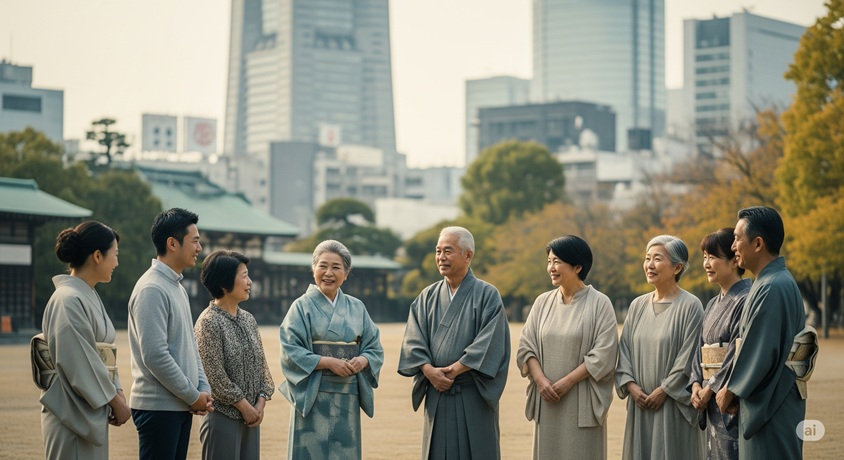 多様な年齢層の日本人が伝統的な建物と近代的なビル群を背景に交流している様子です。