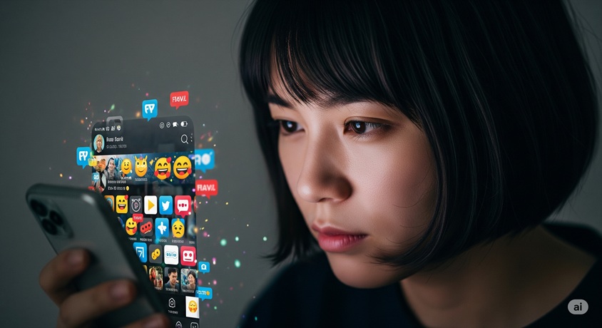 日本人女性がスマートフォンやパソコンの画面を見ており、SNSのアイコンやニュースフィードに様々な感情の絵文字が飛び出している様子です。