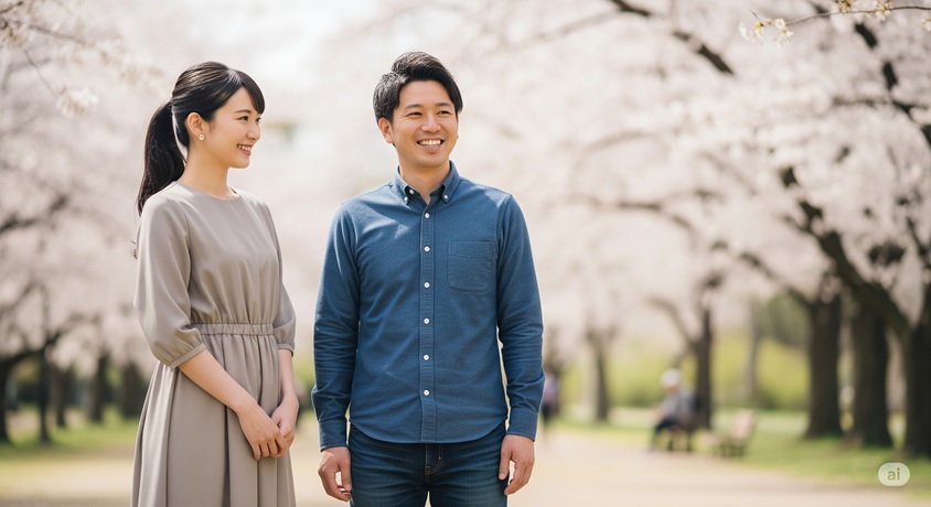 身長差のある日本人カップルが桜並木の下に立つ