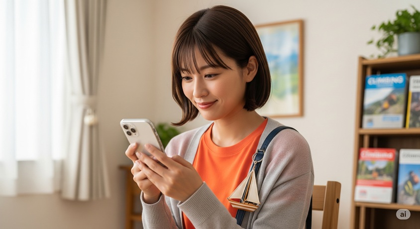 スマートフォンを見る日本人女性、背後の棚には雑誌