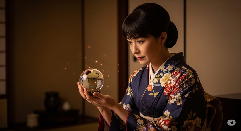 水晶玉を持つ着物姿の日本人女性占い師