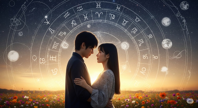 星座が輝く空の下、抱き合う日本人カップル