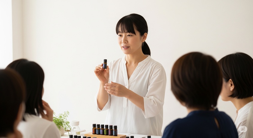 アロマ講師として、生徒にアロマオイルの説明をする箕輪三香さんをイメージした画像。
