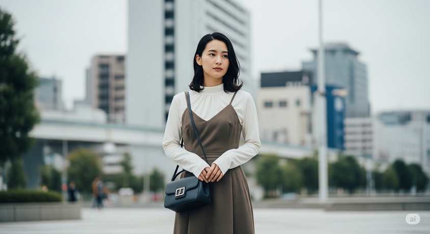 都会の広場で佇む、現在の箕輪三香さんをイメージした美しい女性の画像。