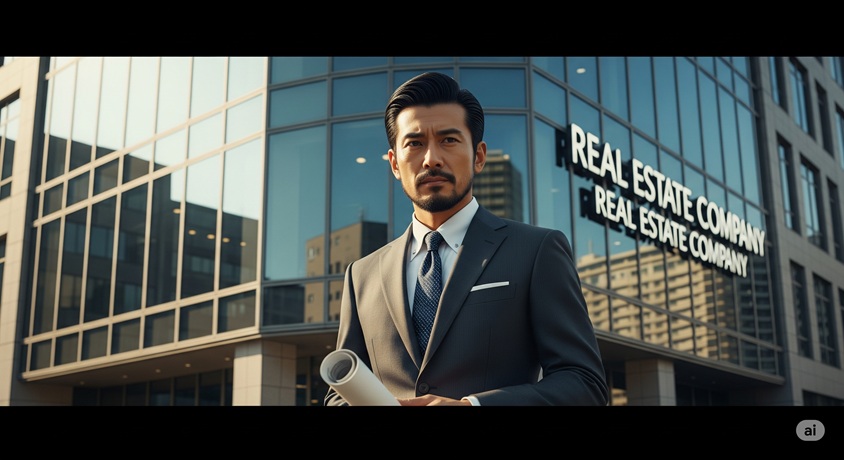不動産会社のビルを背景に立つ、箕輪厚介さんの父親をイメージした男性の画像。